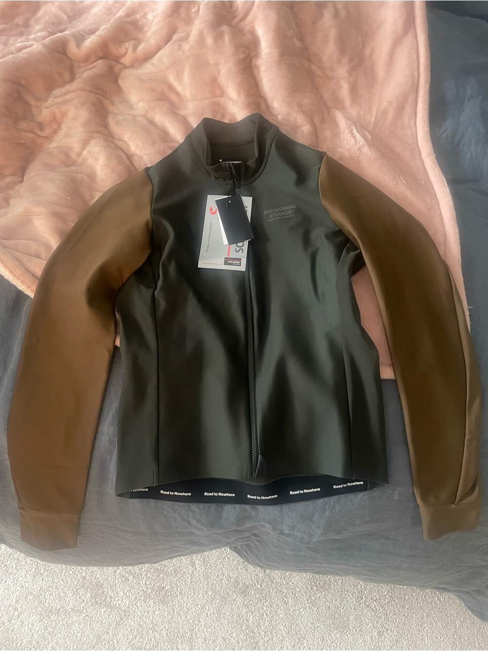 PAS NORMAL STUDIOS Two-Tone Cycling Jacket — Olive with Brown Sleeves
